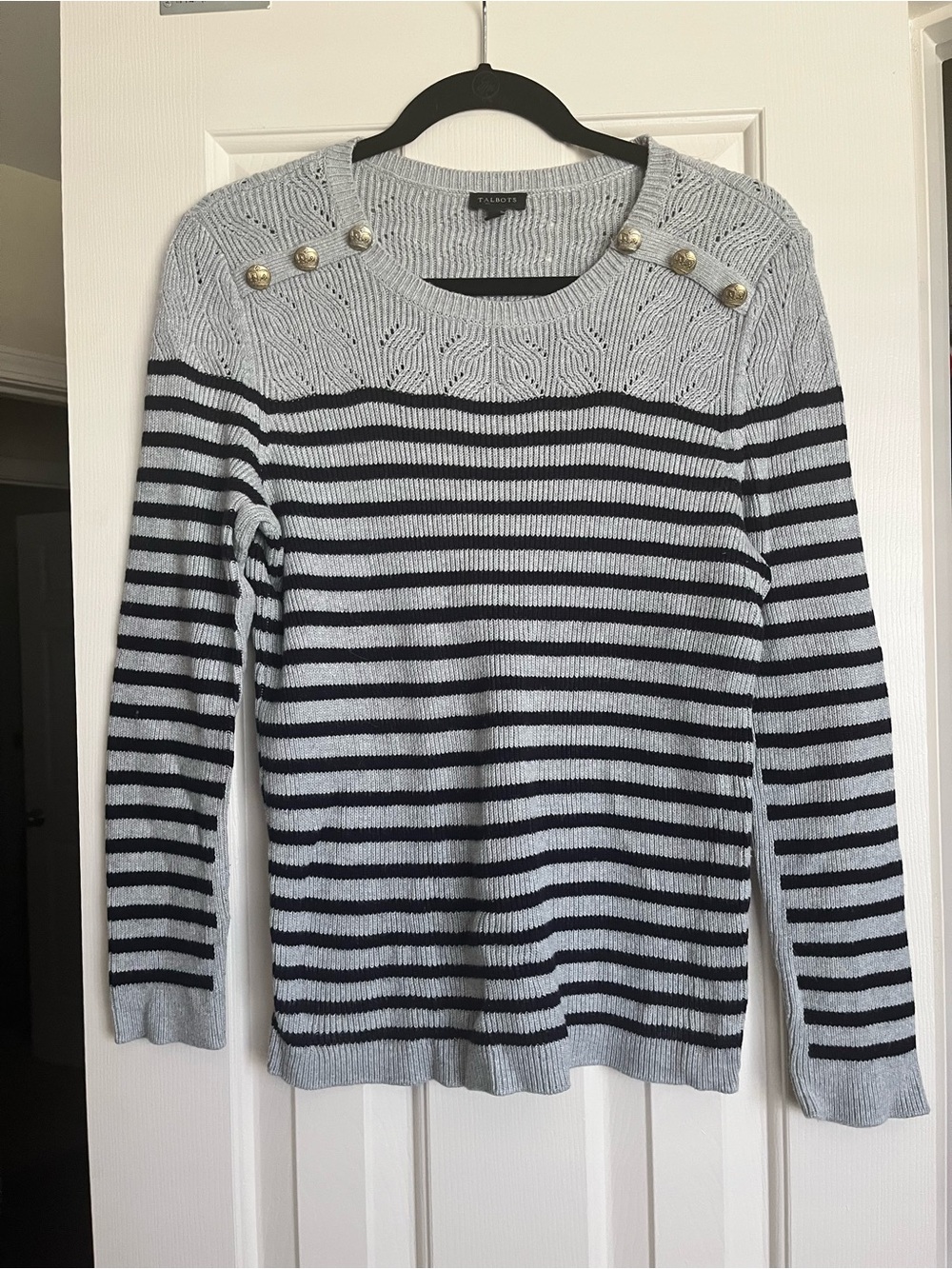 Talbots Light Gray and Black Striped Crewneck Sweater with Gold Buttons